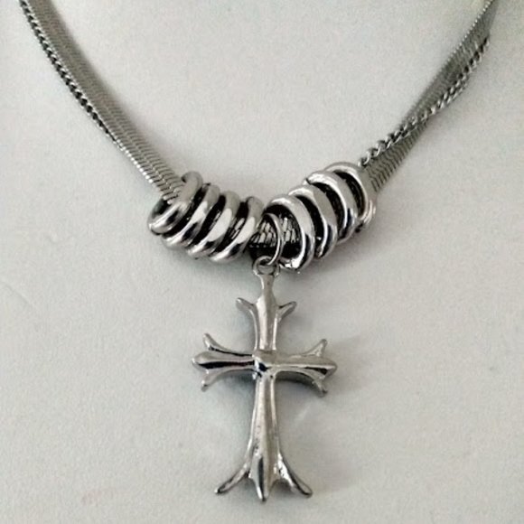 DESIGNER ROCKER CHIC CROSS SILVER/BLACK CRYSTAL LAYERED CHAIN NECKLACE**NEW! - Picture 3 of 5